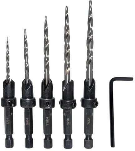 Meichoon Juego de 5 brocas avellanadas con vástago hexagonal 3 en 1, brocas piloto de madera 7/64 9/64 11/64 3/16 7/32 agujeros de tornillos con tope de profundidad ajustable, liberación rápida, 1