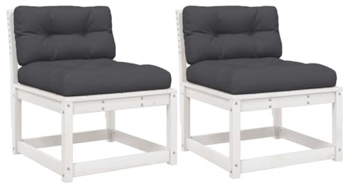 vidaXL Gartensofa ohne Armlehnen mit Kissen 2 STK., Gartensessel mit Latten-Design, Outdoor Sofa Modular mit Rückenlehne, Sessel Holzsofa Gartenmöbel, Weiß Massivholz Kiefer