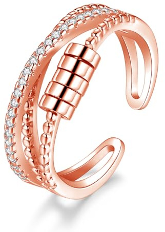 Kamise Silber Anxiety Ring, 925 Sterling Silber Angst Ringe für Damen, Hypoallergen Bead Spinner Fidget Ring mit 5 Perlen, Offen Drei Schicht Anti Stress Ringe, Dekompressionsringe mit Geschenkbox