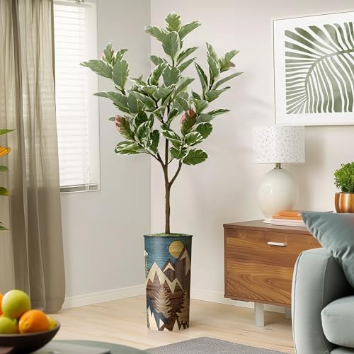 Artificial Tree in Sun Shines Over Mountain Forest Pattern Planter, Fake Rubber Silk Tree for Indoor and Outdoor Home Decoration - 70 Overall Tall (Plant Pot Plus Tree)