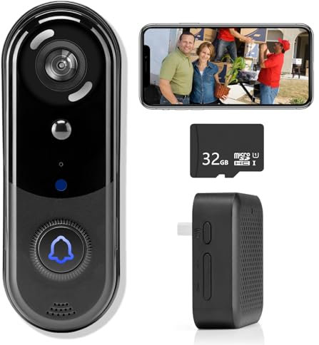 Wireless Doorbell Camera 1080P, No Monthly Fee,Video Doorbell with Chime,32GB SD/Cloud Storage, Night Vision, Motion Detection,2 Way Audio, IP66 Weatherproof, Real Time Alert (J1)