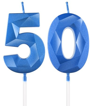Königsblaue Kerzen zum 50. Geburtstag, 3D-Zahl 50, Kerze für Kuchen, Frauen und Männer, Dekoration zum 50. Geburtstag, Saphir-Kerzenaufsatz, blaue Kuchendekorationen für Geburtstagsparty, Hochzeitstag