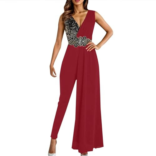 Jumpsuit rot, Jumpsuit Damen Glitzer Elegant Langarm Hosenanzug Overall Festlich Pailletten Sexy Playsuit Party Lang Romper Casual Hohe Taille Clubwear Jumpsuits