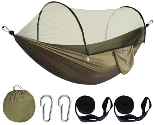 USHOP Outdoor Hängematte mit Moskitonetz - Tragbare Fallschirm Nylon für Reisecamping, Rucksackreisen, Wandern mit 2 Premium Karabiner, 2 Nylonschlingen (260*140cm)