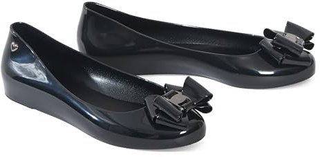 kraftd Womens Jelly Ballet Shoes Bow Details Slip-On Flats Peep Toe Ballerina Pumps | Ladies Footwear | Office Pump | Shoe (Black Patent, 6)