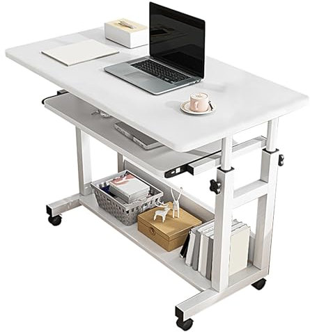 Beistelltisch Höhenverstellbar mit Rollen Laptoptisch fürs Bett H Förmiger Stahlrahmen Mobiler Kaffeetisch fürs Büro, Zum Essens Oder Zum Zeitvertreib(White,80 * 45 * 69-85cm)