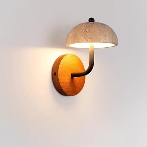 AoLa LED Holz Wandleuchte Innen Dimmbare Gelb Travertin Lampenschirm Wandlampe Warmes Licht 3000K 15W Retro schwarz Metall Nachttischlampe Für Schlafzimmer Arbeitszimmer Esszimmer Wohnzim