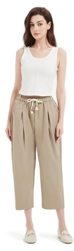 GLOWELFA - Pantalón de mujer ancho 7/8 con cintura elástica con cordón - prácticos bolsillos laterales - Pantalones casuales ligeros, transpirables y cómodos - Ideal para verano, vacaciones y ocio