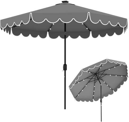 KOMFOTTEU 300 cm Sombrilla Terraza Exterior con 24 Luces LED, Sombrilla de Jardín Inclinable 35° con Manivela y 8 Varillas, Parasol de Mercado para Patio, Balcón, sin Base (Gris)