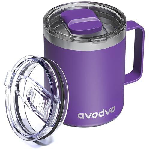 avodvo 12oz Insulated Coffee Mug with Lid – Includes Two Lids, Stainless Steel Coffee Travel Mug with Handle, Double Wall Vacuum Insulated Camping Mug for Home, Office & Outdoor, Dark Purple