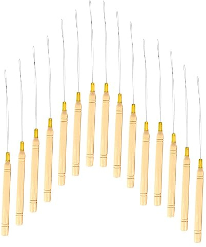 MERRYHAPY 15 Stück Haarschlaufen Nadeln mit Holzgriff Fadeneinfädler für Mikro Ringe für Haarverlängerungen und Perücken Bequem und Rutschfest