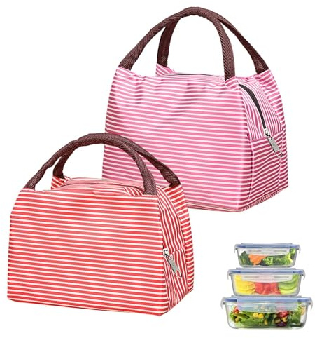 AMONENZ 2 Stück Thermotasche Klein, Rosenrot und Rot Lunchbox Tasche | Tragbar Isolierte Lunchtasche, Faltbar Lunch Tasche, für Schule, Büro, Picknick
