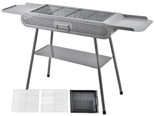 Grill a carbonella da tavolo con 2 reti e 1 piastra per grigliare, griglia pieghevole per barbecue con 3 ripiani portaoggetti, barbecue all'aperto per 5-8 persone, 77 x 30 cm
