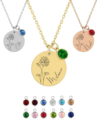 XELLENZ Personalisierte Kette mit Namen, Geburtsstein & Geburtsblume | Halskette Damen mit Gravur aus wasserfestem & farbbeständigem Edelstahl - Geschenke für Frauen in Gold, Silber & Roségold