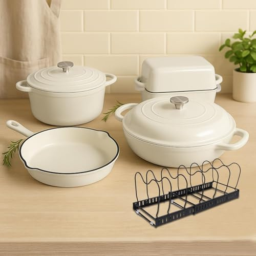 GFTIME Set de ollas de hierro fundido esmaltado de 5 piezas, juego de ollas y sartenes, olla de cocción lenta con tapa, horno holandés de 2,2 L, sartén de 28 cm, molde para pan, resistente al horno