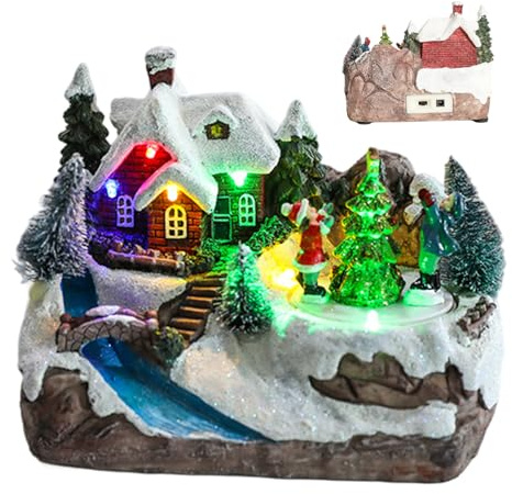 Lawnrden Christmas Village, Musical Christmas Village House, Figurine elettriche in Resina con Albero di Natale e Luce a LED Rotante per Festa a casa, USB/Batteria (Nessuna Batteria)