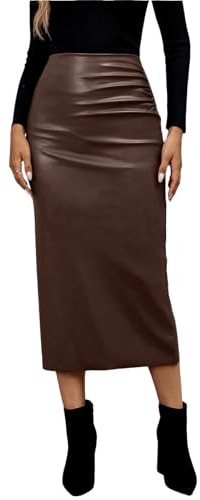 GORGLITTER Gonna da donna elegante in pelle PU, gonna midi in similpelle, con fessura, gonna lunga, caffè, L