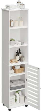 Armadio da Bagno Relaxdays con Ante, HLP: 167x30x40 cm, 6 Scomparti, Armadio per Il Bagno, Alto e Stretto, Bianco