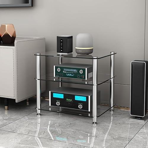 LIHDNGXM 1/2/3/4-Tier Audio Rack Tower with Tempered Glass Shelves Stereo Rack AV Media Stand AV Equipment Cabinet Stereo Receiver Display Stand CD Record Player(Clear glass,3 tier)