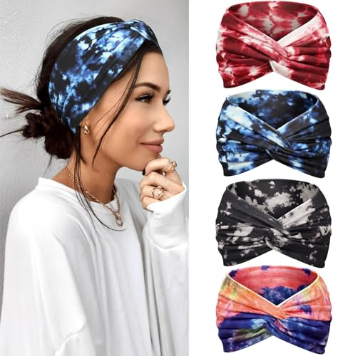 Kavya Hårband, dam, pannband, dam, 4-pack – 18 cm (7 tum) extra breda hårband tunt, elastiskt huvudduk, mjuk boho, flera färger, pannband, för yoga, kosmetika, sport och hårdekoration, sommar (svart)