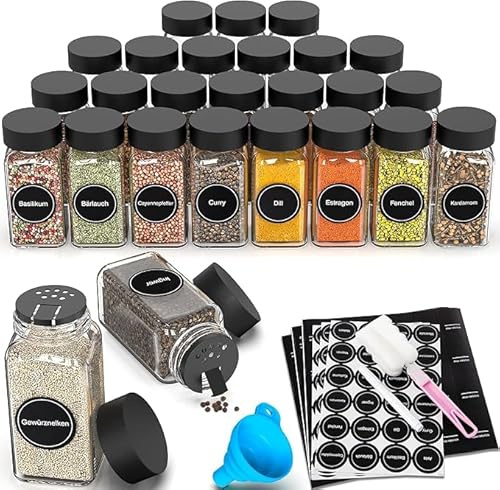 DIFULI 36 kryddburkar, rektangulära, set med lock, 120 ml kryddburkar med 340 etiketter, siktar (36) (36 svart)