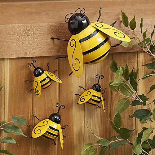 EHOTER Metal Bumble Bee Decorations 4Pcs Outdoor Metal Wall Art 3D Iron Bee Garden Ornament Hanging Decoration Animals Wall Decor for Fence Lawn Home (4PCS)