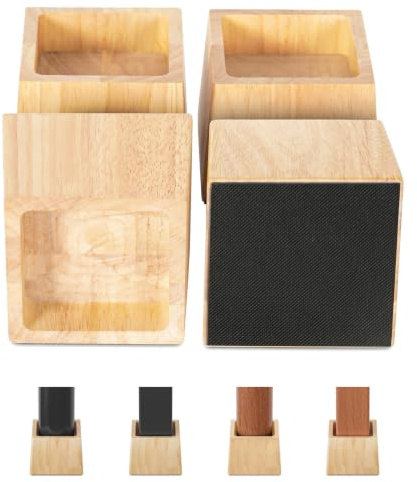 Rivosar Wooden Bed Risers, 3 Inch(Inner 2H), 4 Pack Heavy Duty, Wood Color | Wood Furniture Legs Extenders, Supports 1000 KG, Lifter Blocks with Non-Slip Pad for Raising Sofa Table Chair Desk Bed Frame