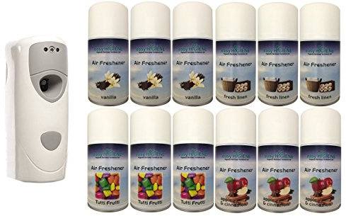 FUSION Dispenser + 12 MIXED AirTech aerosol Automatic Air Freshener Dispenser Refills auto fresh spray cans 270ml wall mounted