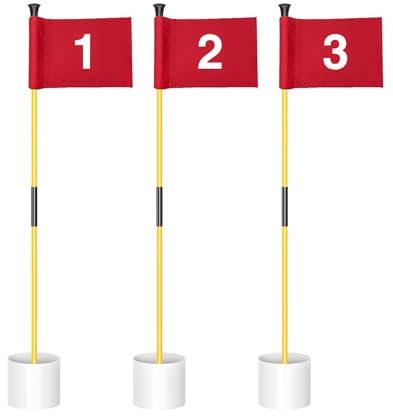 KINGTOP Miniature Golf Flagstick, Practice Putting Green Flags for Yard, Golf Pin Flag Hole Cup Set, Portable 2-Section Design, 3ft Flagpole, Indoor | Outdoor, Red Flag Numbered #1 2 3, 3-Pack