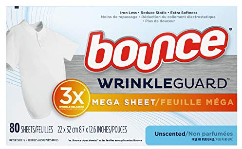Bounce Bounce WrinkleGuard Mega Trockner Lakens, Weichspüler und Faltenauslöser, Unparfümiert, 80 Count, 80 Count