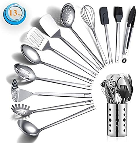 Berglander Ensemble d'ustensiles de cuisine en acier inoxydable 13 pièces avec porte-ustensiles antiadhésif et résistant à la chaleur, lavable au lave-vaisselle, facile à nettoyer (13 paquets)