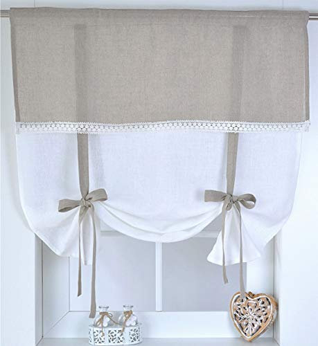 Kutti Raffgardine Venezia 100% Leinen Weiss Natur Landhaus Borte Schleifen romantisch (80 x 100 cm, Weiss)
