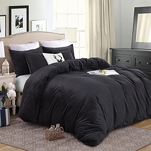 Michorinee Housse de Couette Flanelle 220 x 240 cm Noir - Parure de Lit en Velours Chaud Ultra Doux avec Fermeture Éclair, Linge de Lit 2 Personnes Hiver avec 2 Taies d'oreiller 65x65 cm
