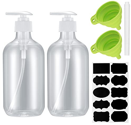 2 Pièces Flacons de Shampoing, 500 ML Distributeur de Liquide avec Pompe Rechargeable, Bouteilles Vides pour Savons, Lotions, Huiles, Détergents, avec Autocollant