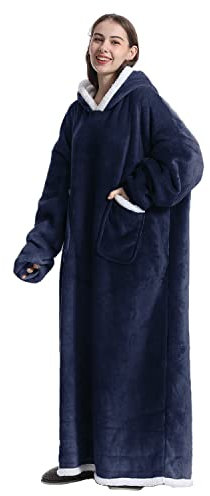 Boikey Decke mit ärmeln Kuscheldecke,Riesen Hoodie Weiche Warme Flanell Tragbar Ganzkörperdecke,SherpaKapuzenpullover für DamenHerren,Tragbar Ganzkörperdecke,Blau