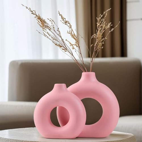 2-Teiliges Wasserdicht Donut Vase, Rosa Matt Keramik Vase Set für Pampasgras, Ikebana & Tulpen, Vintage & Boho Stil, Ideal für Wohnzimmer, Schlafzimmer, Büro-Aesthetic Deko