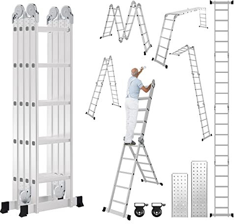 Cecaylie 4x5 Mehrzweckleiter Aluminium, 582 cm Multifunktionsleiter Klappleiter mit 2 Plattform und 2 Räder, Haushaltsleiter Arbeitsleiter 20 Sprossen, Max. Tragfähigkeit 150KG