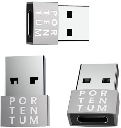 PORTENTUM 3X Adattatore USB C USB A - USB C Femmina a USB Maschio, Velocità 2.0, 480 MB, corpo premium in zinco ad alta resistenza al calore - adattatore USB a Tipo C di soli 4 grammi, ARGENTO