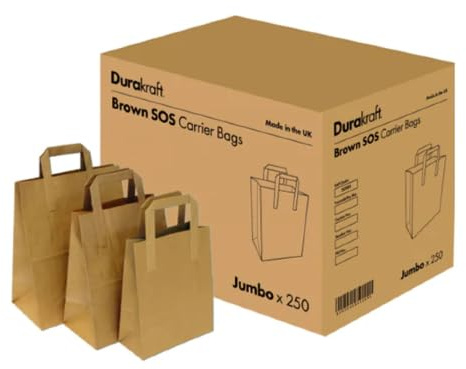 Durakraft Recycled SOS Brown Paper Bags with Flat Handles | Perfect for Takeaways, Gifts, Food, Lunch, Grocery, Weddings & Cafes (250, Small - 7 x 9 x 3.5)
