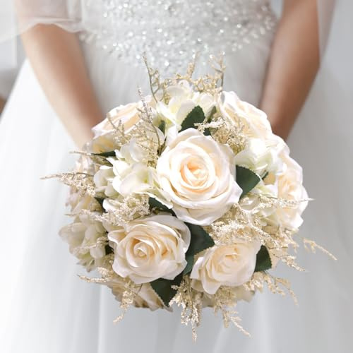 Wedding Bouquets for Bride,Flower Artificial Wedding Flowers 9.1 inch White Bridal Bouquets for Bride, Artificial Rose Bouquet, Flower Bouquet with Silk Ribbon for Valentine's Day Ceremony