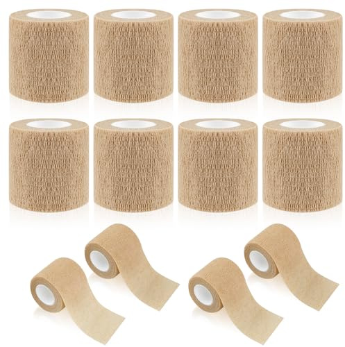 WuGU 12 Rollen Selbstklebender Verband, Haftbandage Selbstklebend, Elastische Binde, Selbsthaftende Bandage, Geeignet für Stretch Sportler, Handgelenk, Fingern, Pet (Beige 5 cm x 4,5 m)