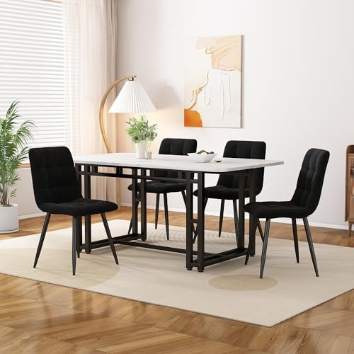 Dalred 120x70cm Schwarz Esstisch mit 4 Stühlen Set,Moderne Küche Esstisch Set, Samt Esszimmerstühle, Schwarz Eisen Beintisch (schwarz)