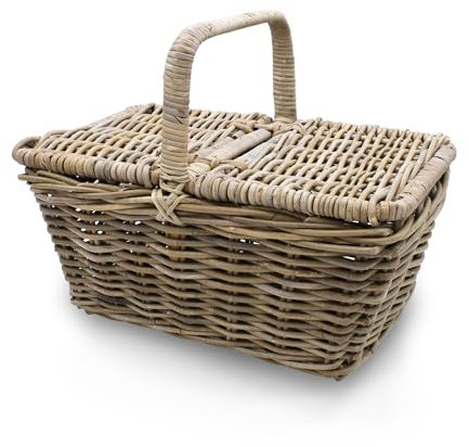 Rattan Picknickkorb mit Deckel - 50 x 35 cm - Weidenkorb Natur mit Tragegriff - Einkaufskorb aus Weidenholz Präsentkorb