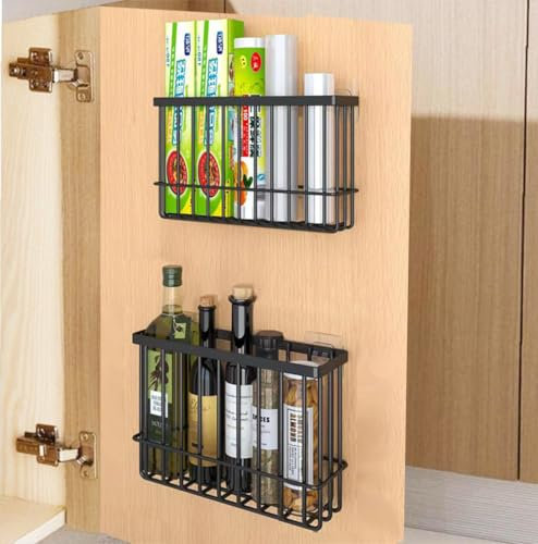 EigPluy 2 Pieces Kitchen Cabinet Door Storage Box, Self-Adhesive Storage Box, Wall Mounted Metal Storage Boxes,Cabinet/Bathroom/Fridge Small Items Organiser Storage Boxes (Black)
