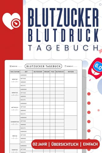 Blutzucker-Blutdruck Tagebuch: Diabetiker-Notizbuch und Blutdruckpass zu verschiedenen Zeiten (Morgens, Mittags, Abendes, Nachts) | Platz für 2 Jahre