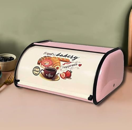 Panera de acero inoxidable, gran capacidad con tapa enrollable, contenedor de almacenamiento multifuncional, soporte para panera, para el hogar y la cocina (café, patrón de pan, rosa, 34.3 cm de largo