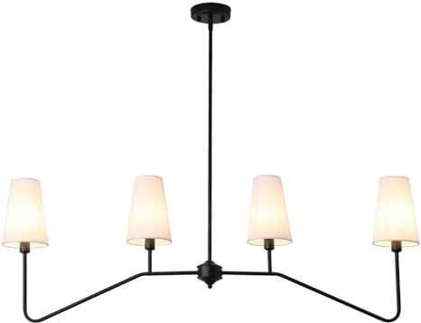 ZenithBeam Pendelleuchte Esstisch, 120Cm HäNgelampe 4-Licht Classic Linear Pendelleuchte Schwarz Mit WeißEm Leinen Lampenschirm Lampen E14 HäNgeleuchte FüR Schlafzimmer KüChe, 160W