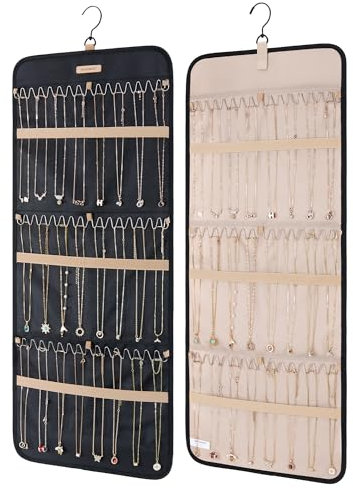 bagsmart Organizador de joyas para colgar, rollo de almacenamiento con colgador, gancho de metal, soporte de joyería de doble cara para pendientes, collares, anillos en armario, pared, puerta, 1 pieza