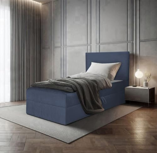 EURO-MOEBEL Bett Einzelbett Boxspringbett TOP POSO Mini mit Bonell-Matratze OHNE Topper + Bettkasten, Matratze H3 (Dunkelblau - Poso 05, 80x200)