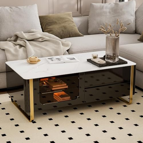 LED Coffee Table with Glass Doors and 16 Colors LED Lights, Black Rectangle End Table with White Slate Desk for Living Room Bedroom